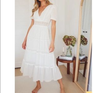 lulus Folklore Swiss Dot Lace Tiered Midi Dress